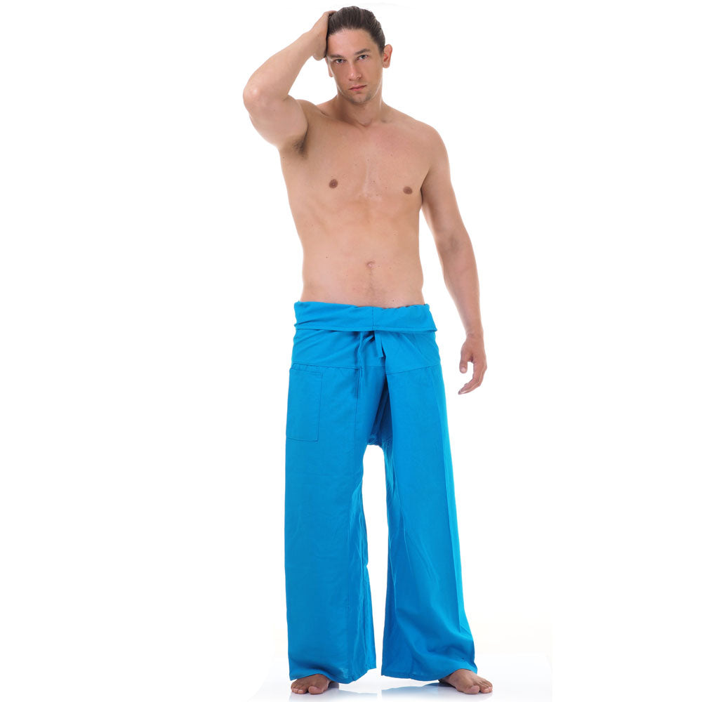 Front view of male model in Sky Blue Horizon Thai fisherman pants, one size fits all S-XL, classic Asian style.