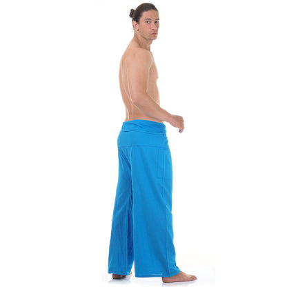 Back view of male model wearing Sky Blue Horizon men's Thai fisherman pants, showcasing the tied waist and flowing fabric.
