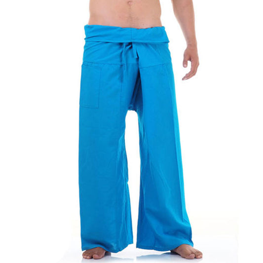 Close-up detail of Sky Blue Horizon men's Thai fisherman pants, handcrafted in Thailand from durable cotton.