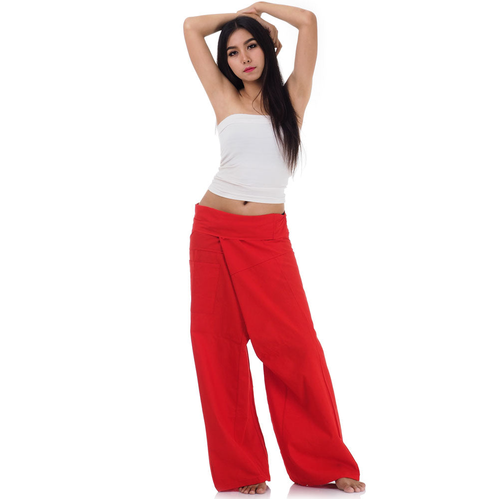 Front view of female model in Crimson Sunset Thai fisherman pants, one size fits all S-XL, classic Asian wrap style.