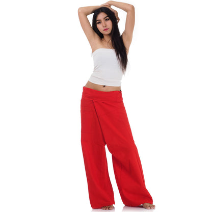Front view of female model in Crimson Sunset Thai fisherman pants, one size fits all S-XL, classic Asian wrap style.