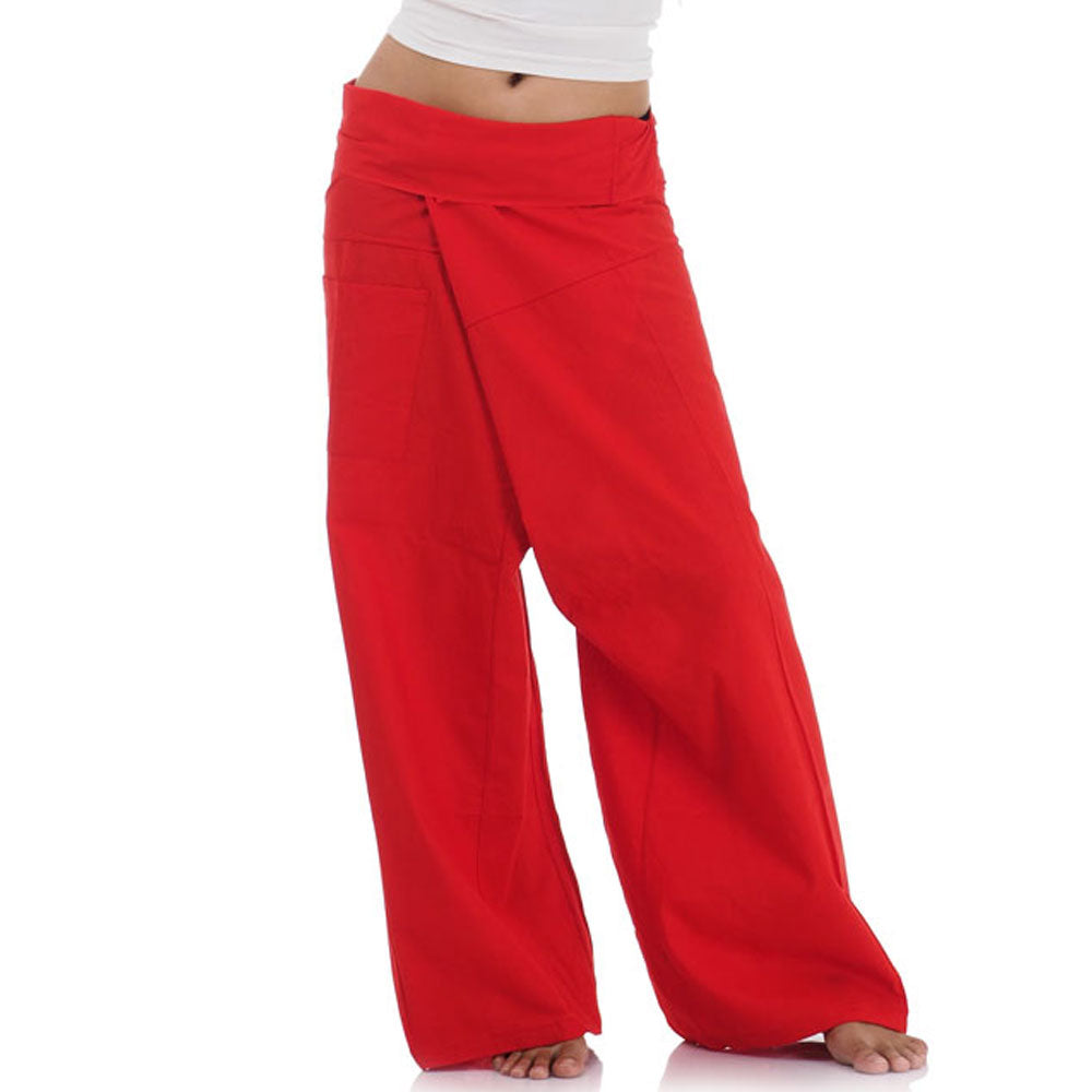 Close-up detail of Crimson Sunset women's Thai fisherman pants, handcrafted in Thailand from durable cotton.