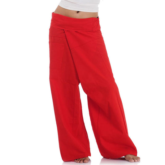 Close-up detail of Crimson Sunset women's Thai fisherman pants, handcrafted in Thailand from durable cotton.