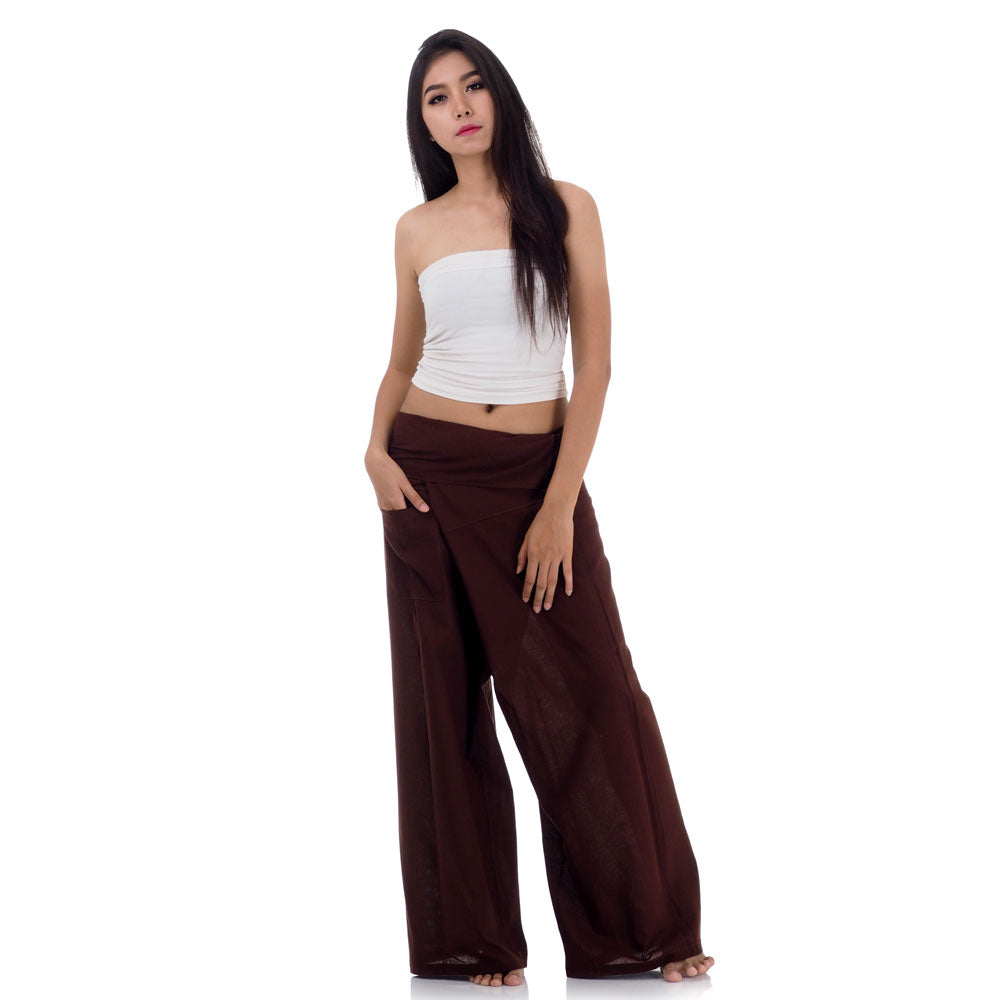 Front view of female model in Earthy Brown Thai fisherman pants, one size fits all S-XL, classic Asian wrap style.