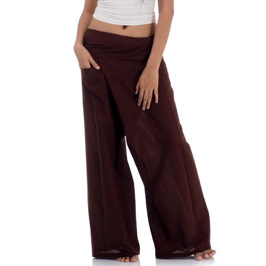 Close-up detail of Earthy Brown women's Thai fisherman pants, handcrafted in Thailand from durable cotton.