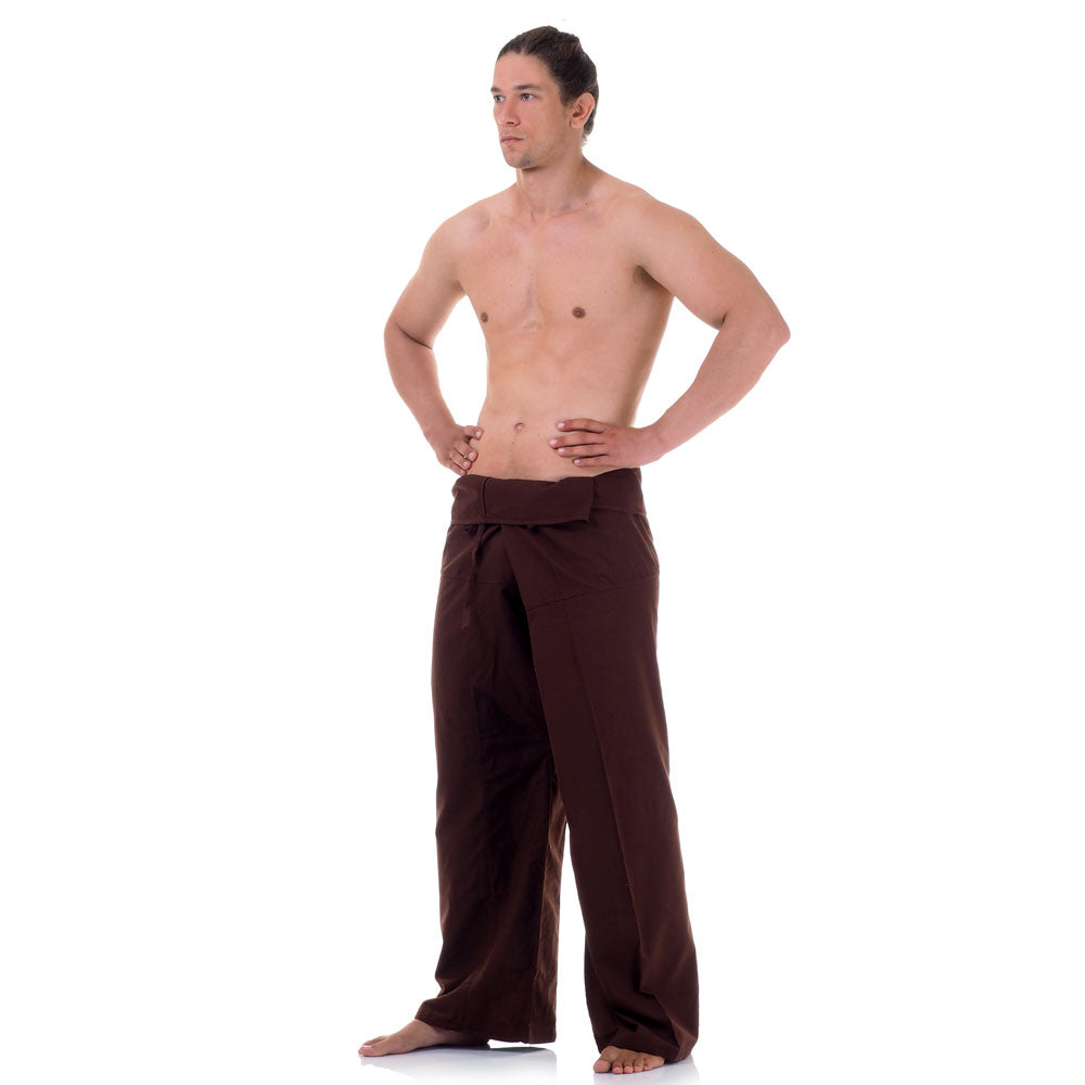 Front view of male model in Earthy Brown Thai fisherman pants, one size fits all S-XL, classic Asian style.