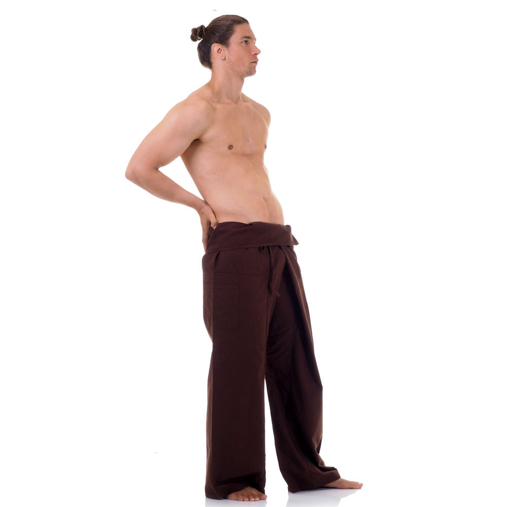 Side profile of a male model showing the relaxed fit and adjustable waistband of Earthy Brown Thai fisherman pants.