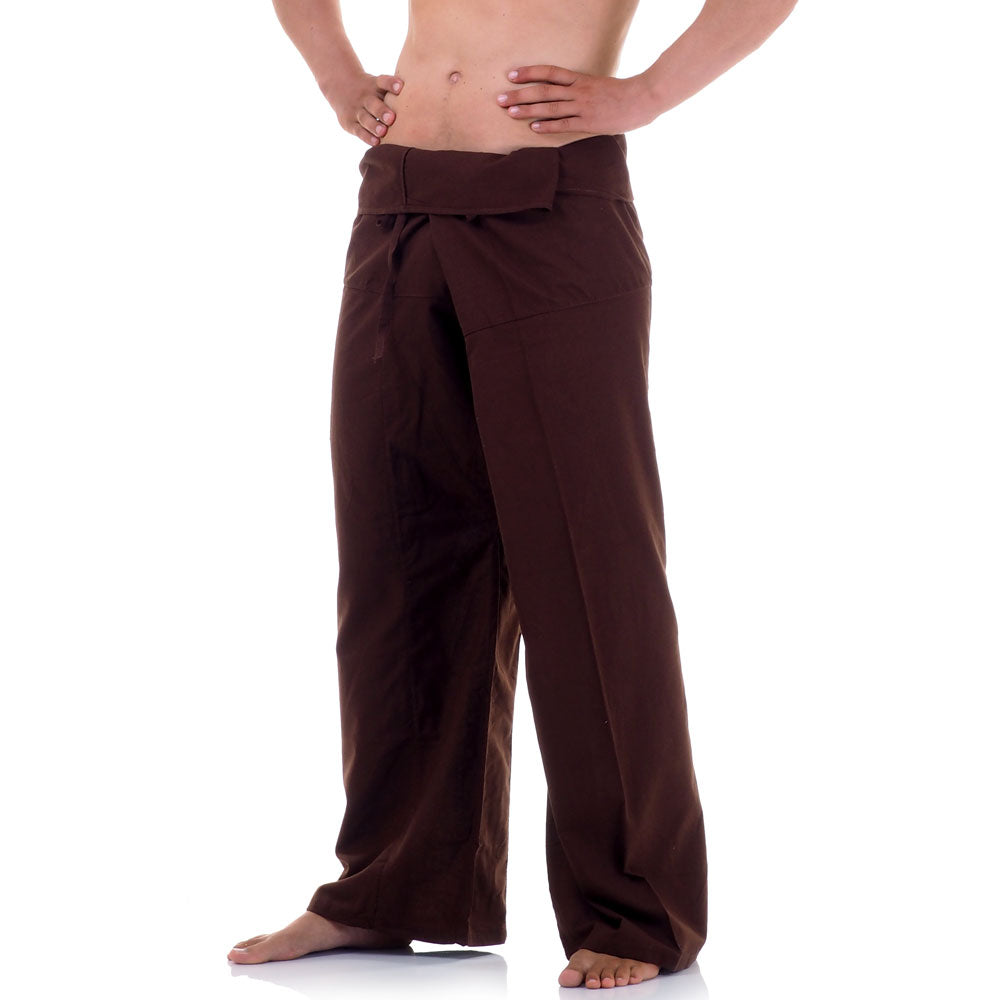 Close-up detail of Earthy Brown men's Thai fisherman pants, handcrafted in Thailand from durable cotton.