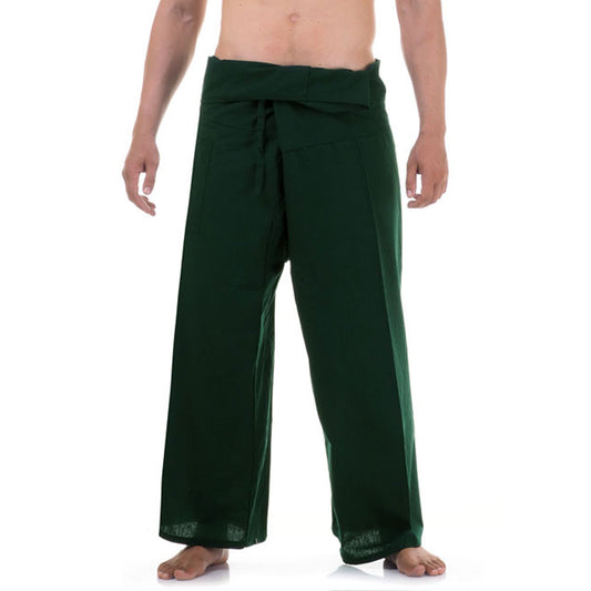 Close-up detail of Forest Green Oasis men's Thai fisherman pants, handcrafted in Thailand from durable cotton.