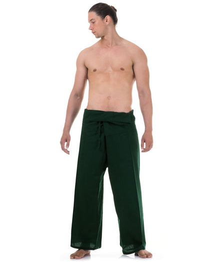 Front view of male model in Forest Green Oasis Thai fisherman pants, one size fits all S-XL, classic Asian style.