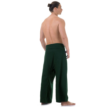 Back view of male model wearing Forest Green Oasis men's Thai fisherman pants, showcasing the tied waist and flowing fabric.
