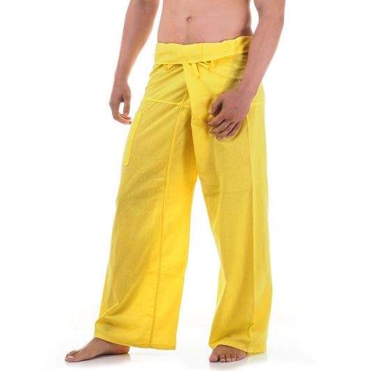 Close-up detail of Golden Sunshine men's Thai fisherman pants, handcrafted in Thailand from durable cotton.
