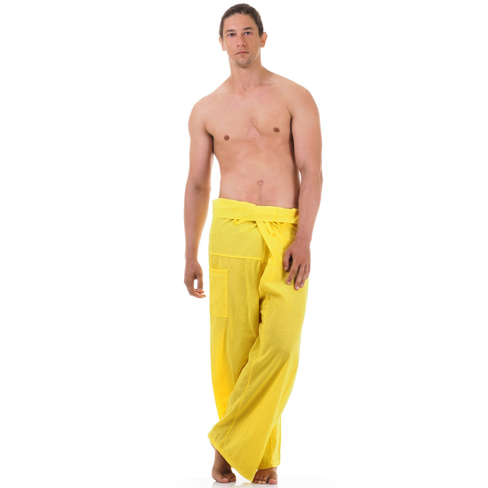 Front view of male model in Golden Sunshine Thai fisherman pants, one size fits all S-XL, classic Asian style.