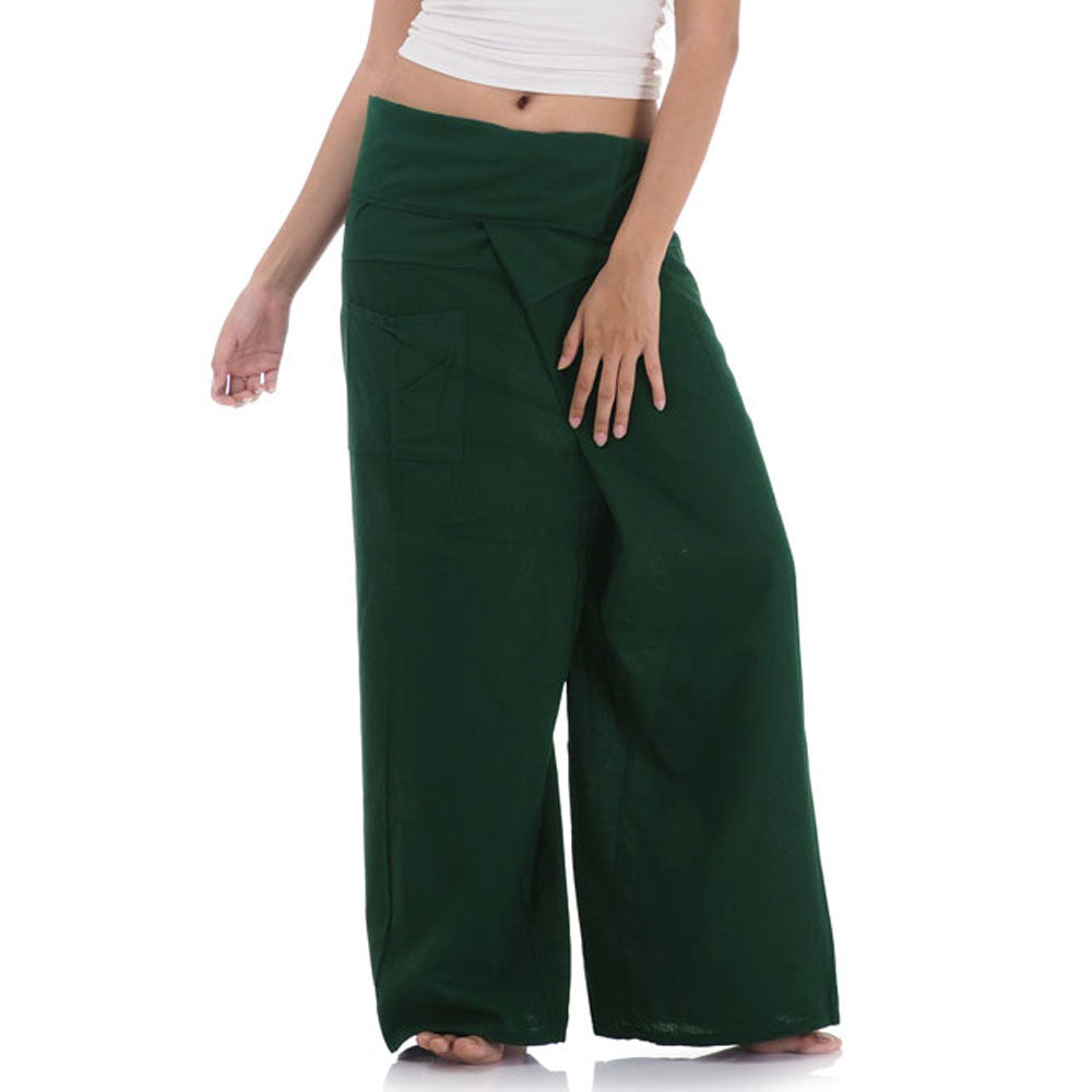 Close-up detail of Forest Green Oasis women's Thai fisherman pants, handcrafted in Thailand from durable cotton.