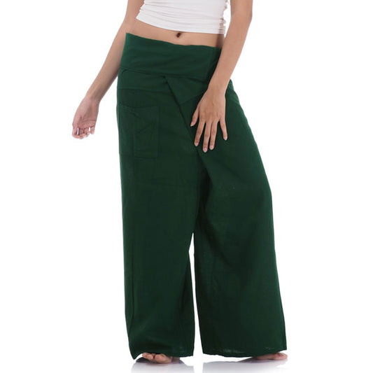 Close-up detail of Forest Green Oasis women's Thai fisherman pants, handcrafted in Thailand from durable cotton.