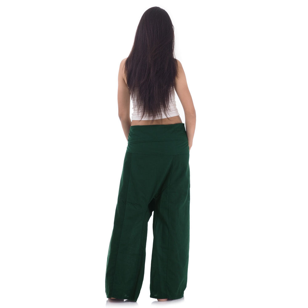 Back view of female model wearing Forest Green Oasis women's Thai fisherman pants, showcasing the tied waist and flowing fabric.