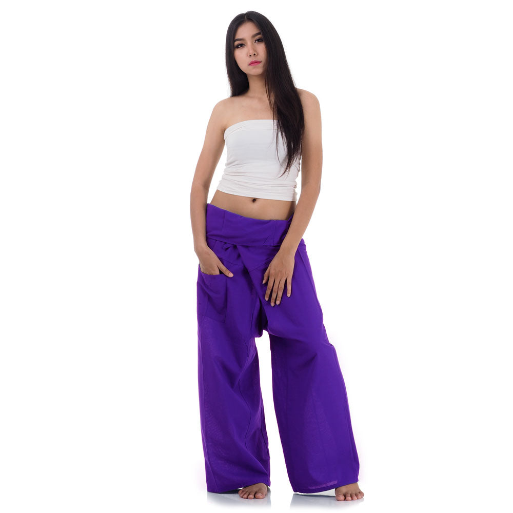 Front view of female model in Lavender Dreams Thai fisherman pants, one size fits all S-XL, classic Asian wrap style.