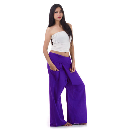 Side profile of a female model showing the relaxed fit and adjustable waistband of Lavender Dreams Thai fisherman pants.