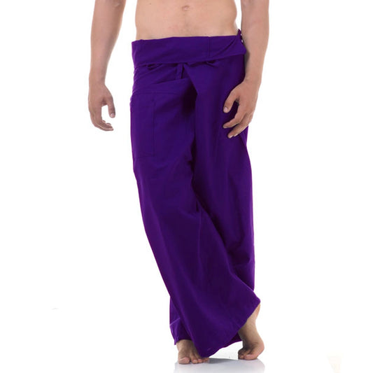 Close-up detail of Lavender Dreams men's Thai fisherman pants, handcrafted in Thailand from durable cotton.