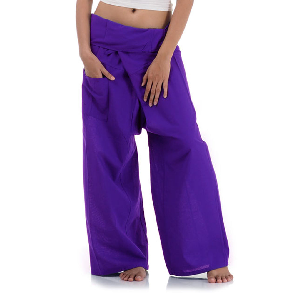 Close-up detail of Lavender Dreams women's Thai fisherman pants, handcrafted in Thailand from durable cotton.