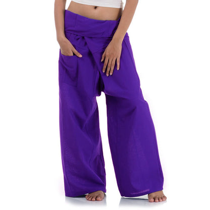 Close-up detail of Lavender Dreams women's Thai fisherman pants, handcrafted in Thailand from durable cotton.