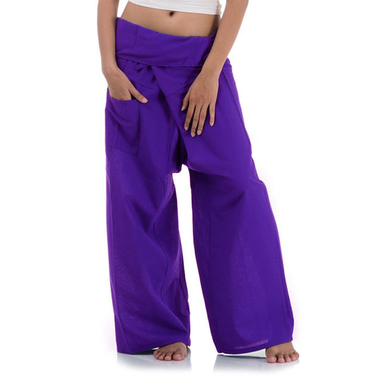 Close-up detail of Lavender Dreams women's Thai fisherman pants, handcrafted in Thailand from durable cotton.