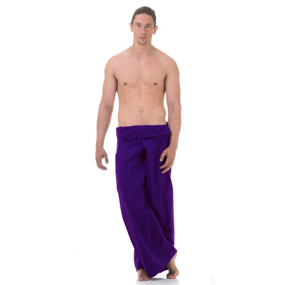 Front view of male model in Lavender Dreams Thai fisherman pants, one size fits all S-XL, classic Asian style.