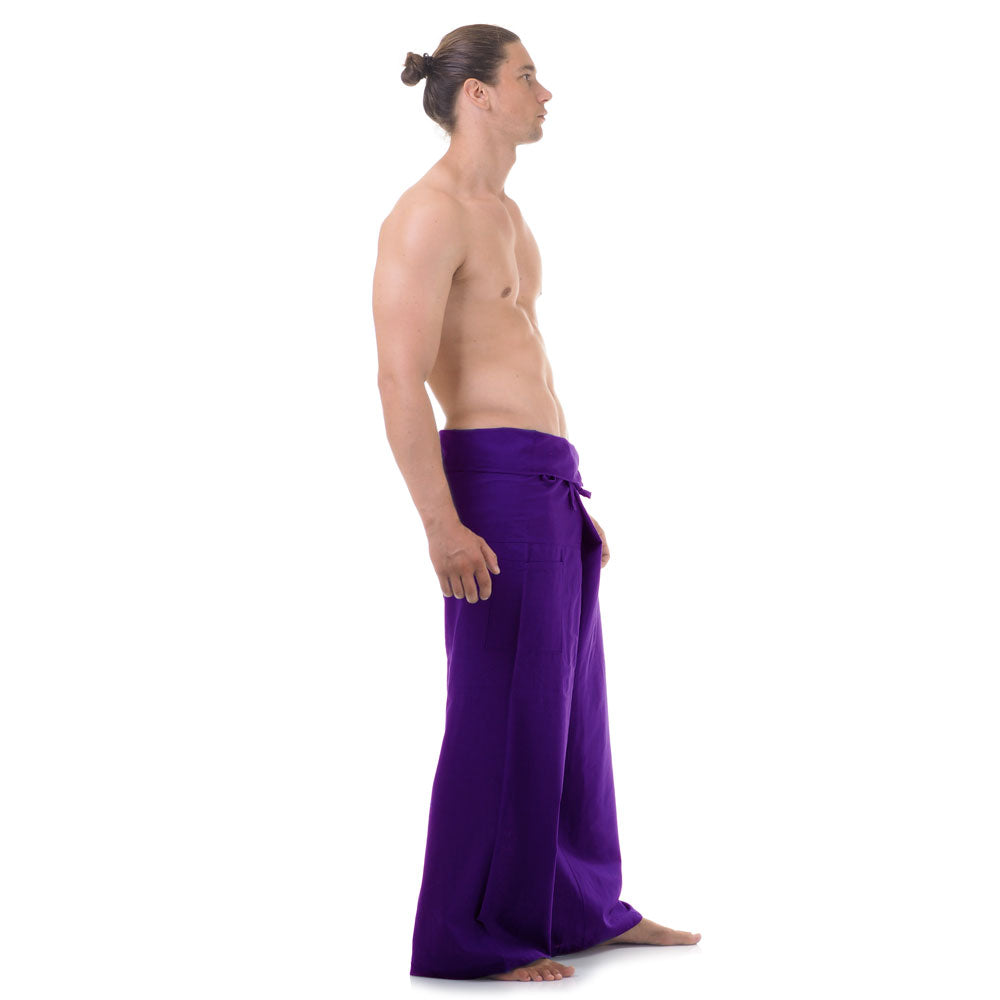 Side profile of a male model showing the relaxed fit and adjustable waistband of Lavender Dreams Thai fisherman pants.