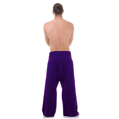 Back view of male model wearing Lavender Dreams men's Thai fisherman pants, showcasing the tied waist and flowing fabric.