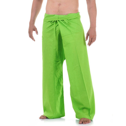 Close-up detail of Tropical Lime men's Thai fisherman pants, handcrafted in Thailand from durable cotton.