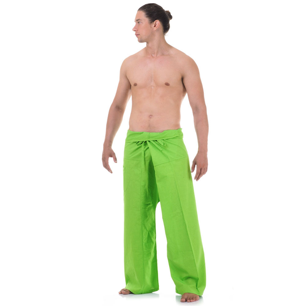 Front view of male model in Tropical Lime Thai fisherman pants, one size fits all S-XL, classic Asian style.
