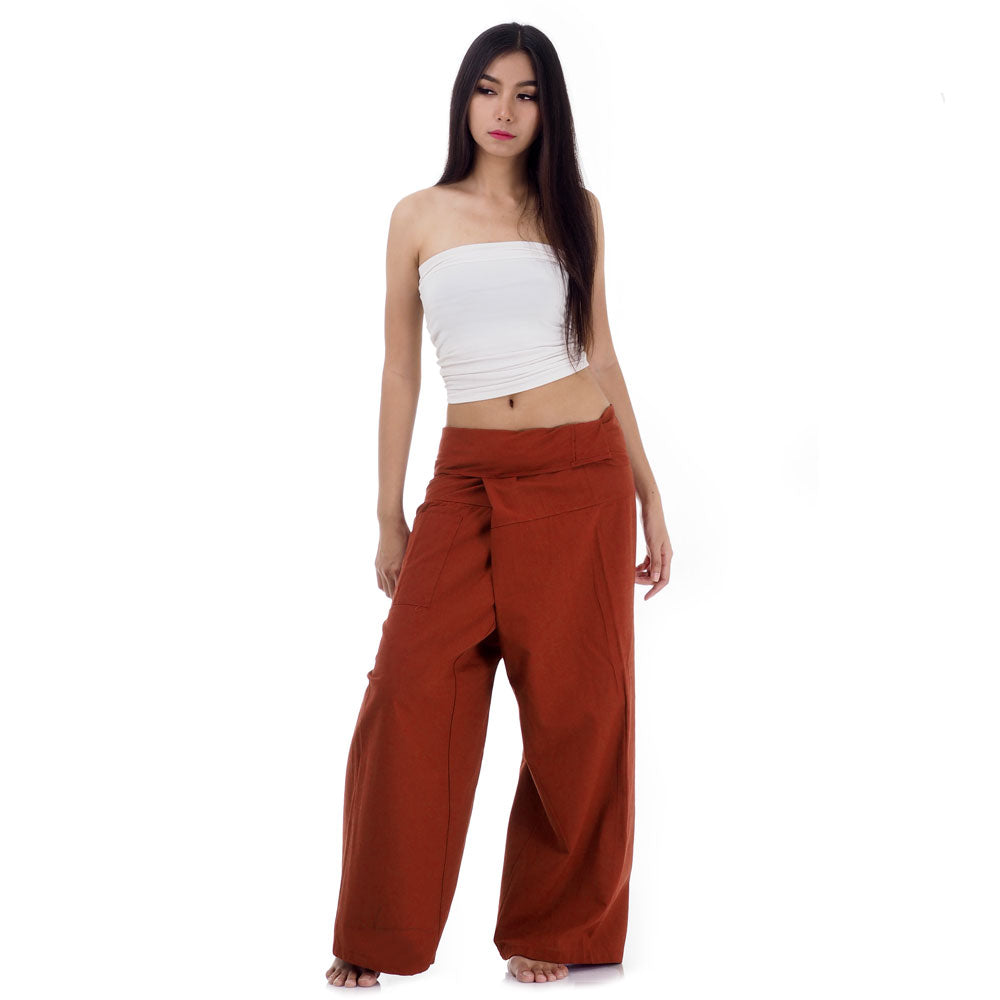 Front view of female model in Mango Tango Thai fisherman pants, one size fits all S-XL, classic Asian wrap style.