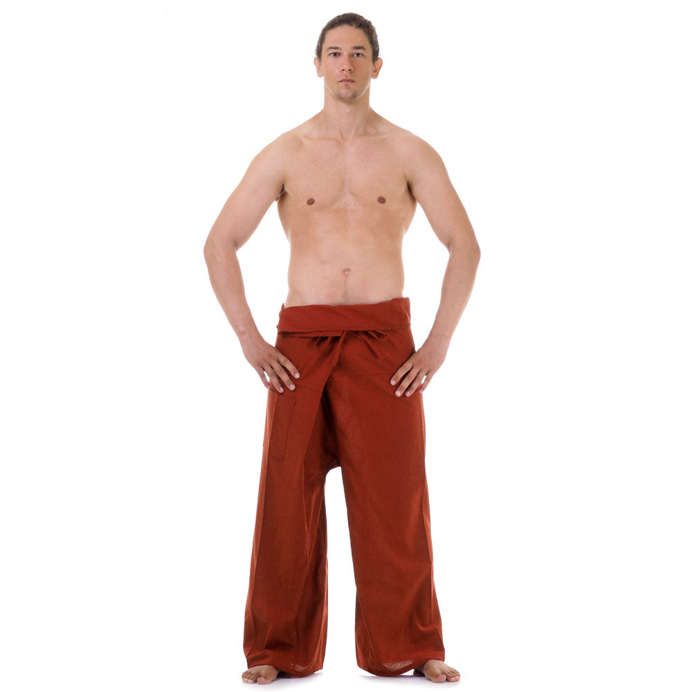 Front view of male model in Mango Tango Thai fisherman pants, one size fits all S-XL, classic Asian style.