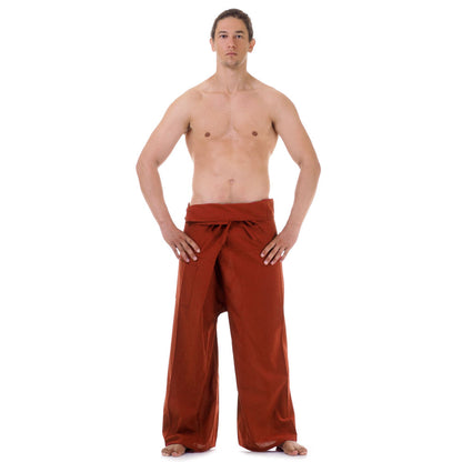 Front view of male model in Mango Tango Thai fisherman pants, one size fits all S-XL, classic Asian style.