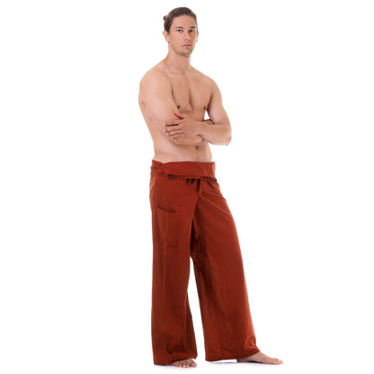 Side profile of a male model showing the relaxed fit and adjustable waistband of Mango Tango Thai fisherman pants.