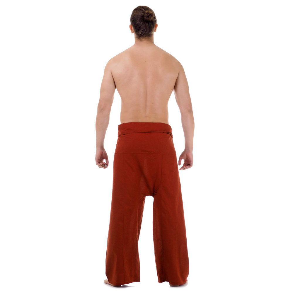 Back view of male model wearing Mango Tango men's Thai fisherman pants, showcasing the tied waist and flowing fabric.