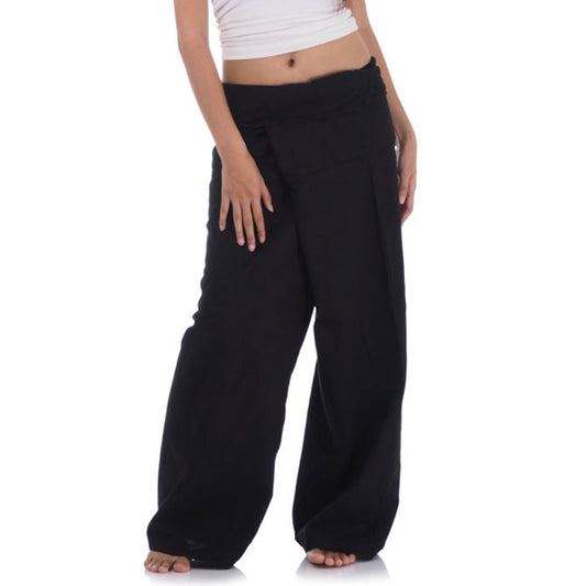 Close-up detail of Midnight Black women's Thai fisherman pants, handcrafted in Thailand from durable cotton.