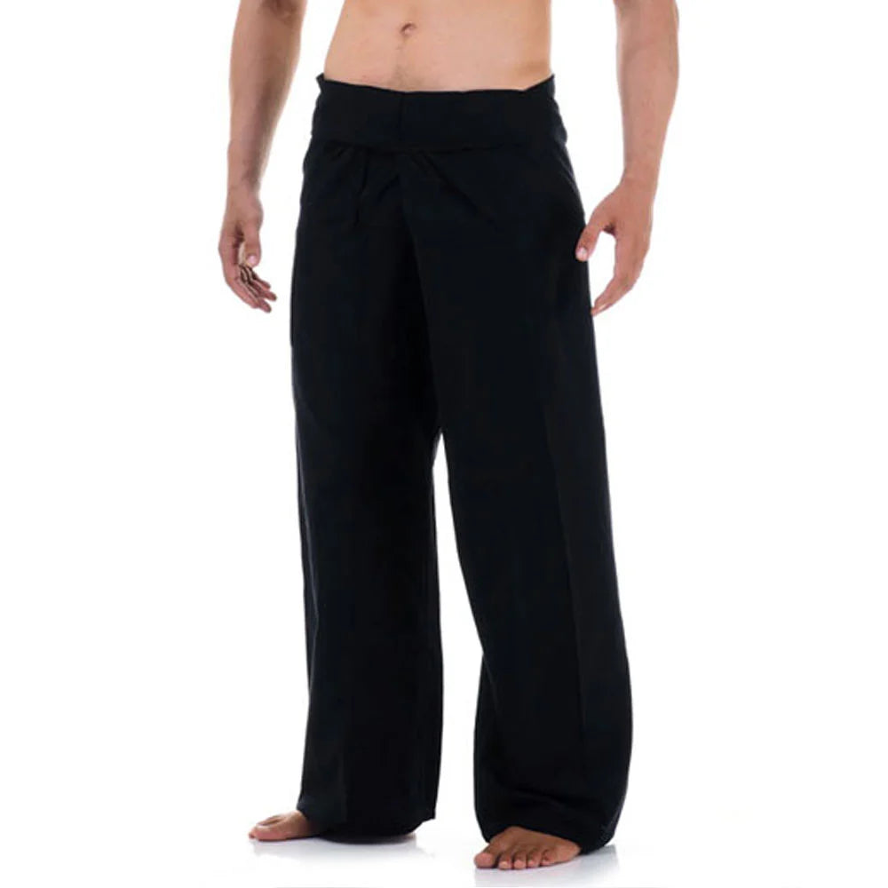 Close-up detail of Midnight Black men's Thai fisherman pants, handcrafted in Thailand from durable cotton.