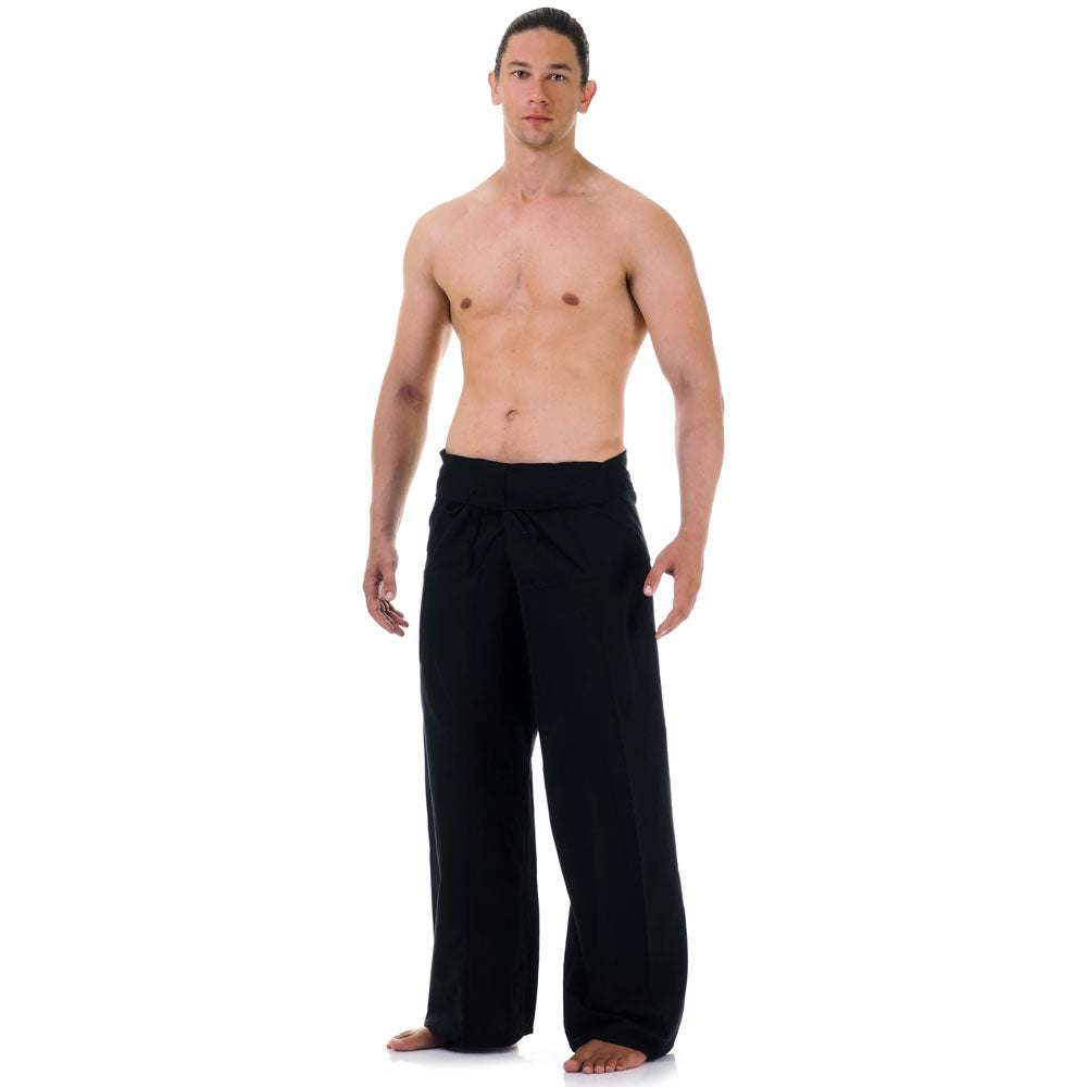 Front view of male model in Midnight Black Thai fisherman pants, one size fits all S-XL, classic Asian style.