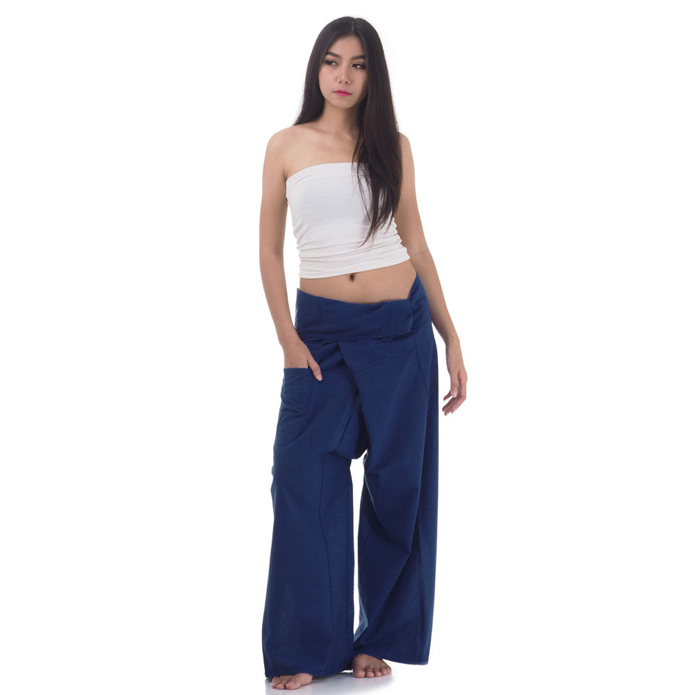 Front view of female model in Moonlight Blue Thai fisherman pants, one size fits all S-XL, classic Asian wrap style.