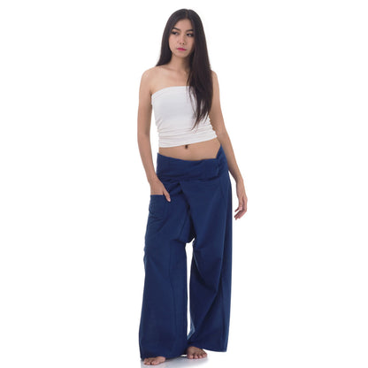 Front view of female model in Moonlight Blue Thai fisherman pants, one size fits all S-XL, classic Asian wrap style.