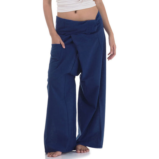 Close-up detail of Moonlight Blue women's Thai fisherman pants, handcrafted in Thailand from durable cotton.