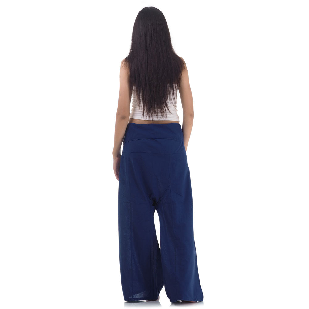 Back view of female model wearing Moonlight Blue women's Thai fisherman pants, showcasing the tied waist and flowing fabric.