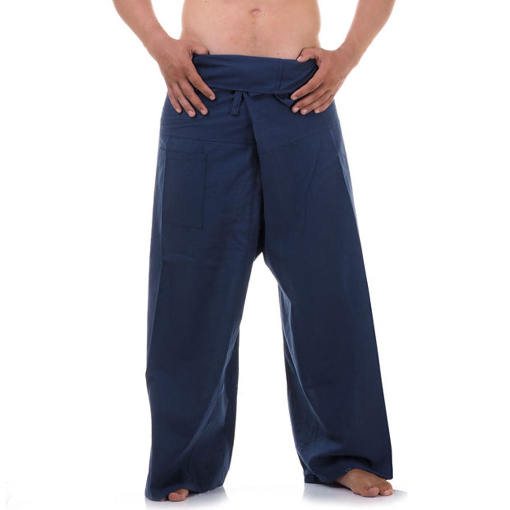Close-up detail of Moonlight Blue men's Thai fisherman pants, handcrafted in Thailand from durable cotton.