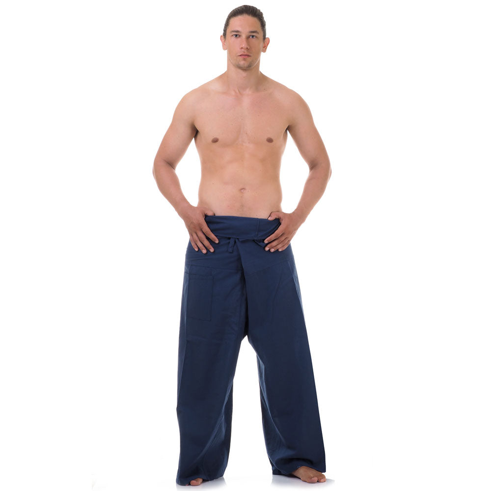 Front view of male model in Moonlight Blue Thai fisherman pants, one size fits all S-XL, classic Asian style.