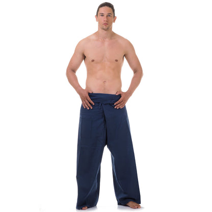 Front view of male model in Moonlight Blue Thai fisherman pants, one size fits all S-XL, classic Asian style.