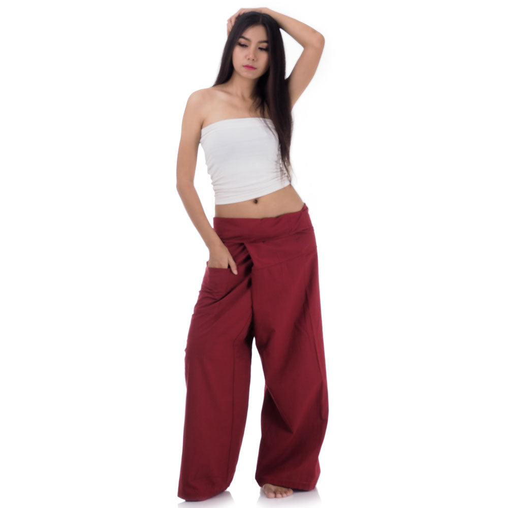 Front view of female model in Mystic Maroon Thai fisherman pants, one size fits all S-XL, classic Asian wrap style.