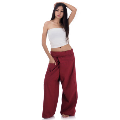 Front view of female model in Mystic Maroon Thai fisherman pants, one size fits all S-XL, classic Asian wrap style.