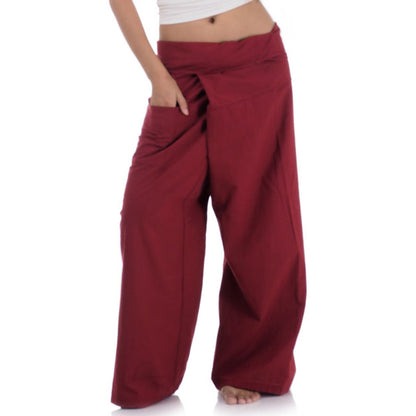 Close-up detail of Mystic Maroon women's Thai fisherman pants, handcrafted in Thailand from durable cotton.