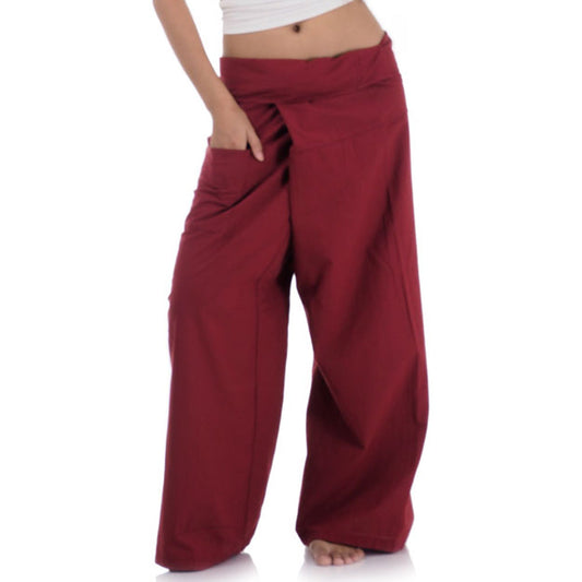 Close-up detail of Mystic Maroon women's Thai fisherman pants, handcrafted in Thailand from durable cotton.